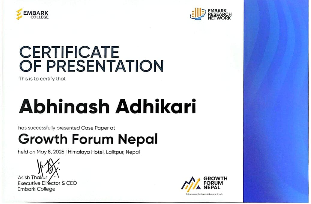 Certificate of presentation: case paper at Growth Forum Nepal, 8 May 2026