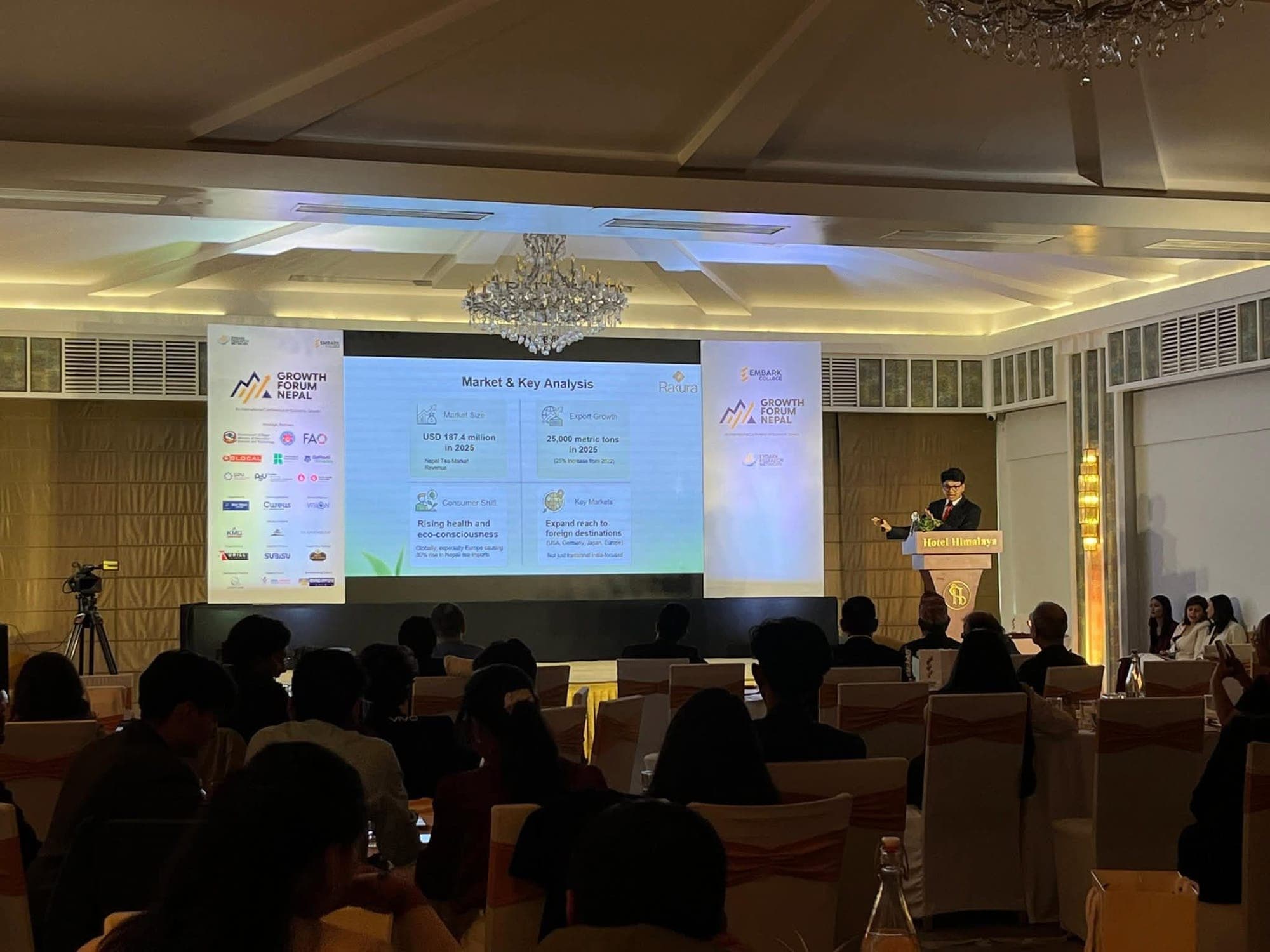 Abinash presenting a market analysis slide on stage at Growth Forum Nepal