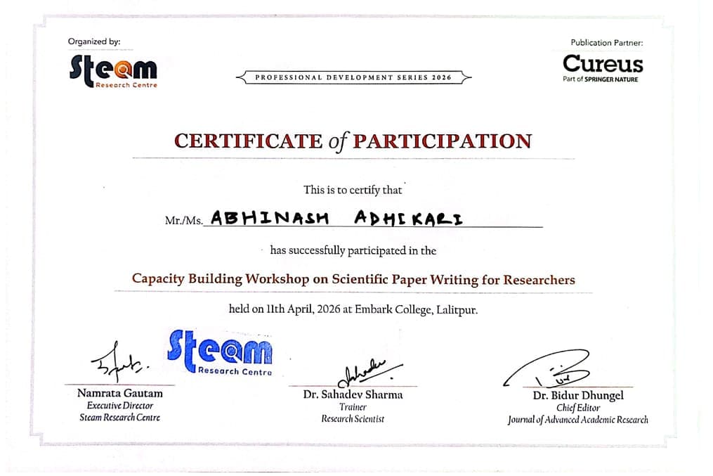 Certificate of participation: Capacity Building Workshop on Scientific Paper Writing for Researchers