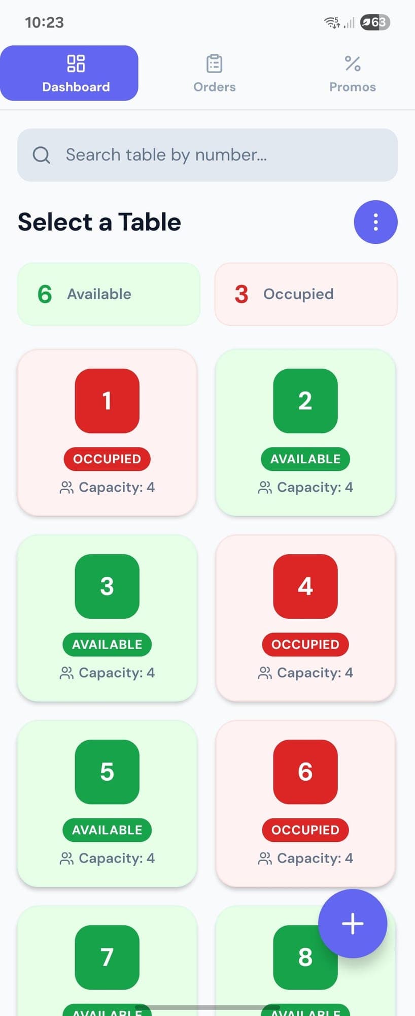 RMS app: table dashboard with six available and three occupied tables